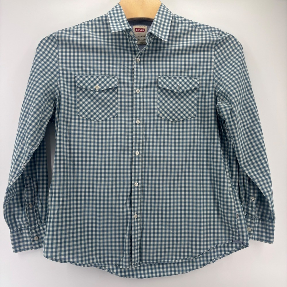 Levi's Button Down Shirt Mens XL Blue Gingham Check Western Double Pocket Casual
